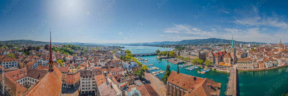 Aerial view of Zürich city center with river Limmat, Switzerland