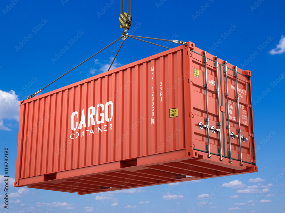 3d rendering of Red Freight cargo shipping container hanging on crane hook