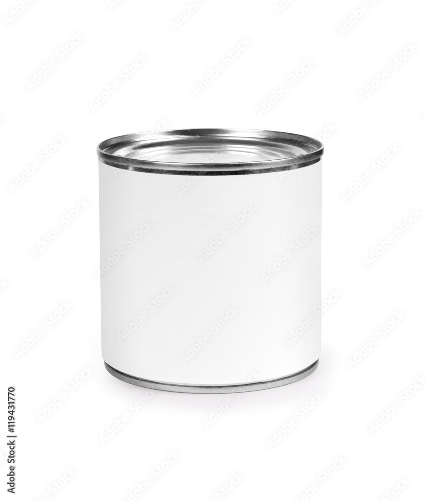 Metal can for preserved food on white background 