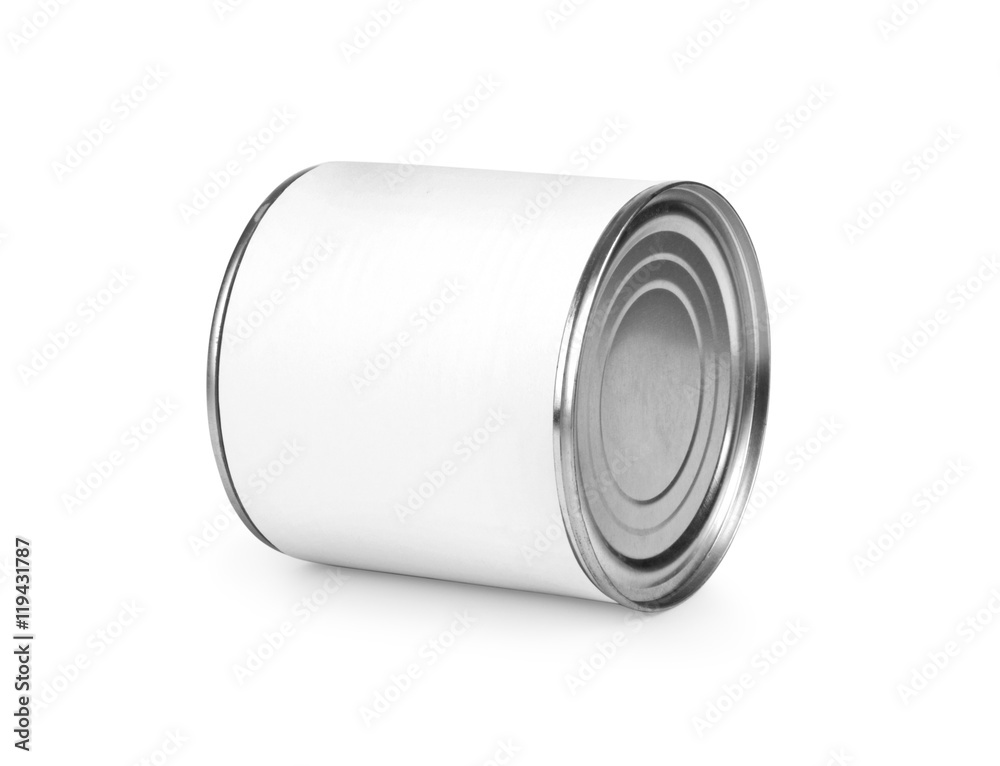 Metal can for preserved food on white background 