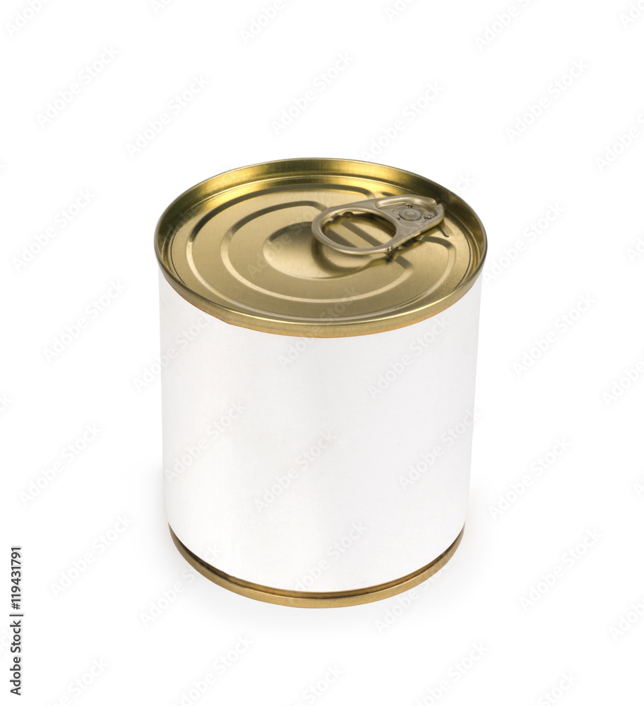 Metal can for preserved food on white background 