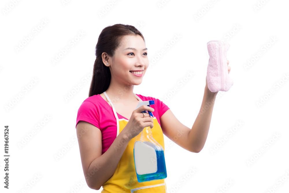 Portrait Of Happy Young Asian Maid Cleaning Glass With Sponge