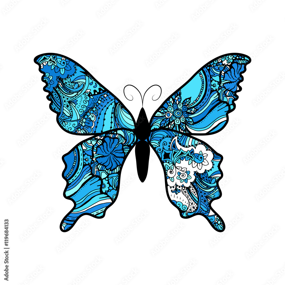 Doodle stylized blue Butterfly. Hand Drawn vector illustration isolated on white background.