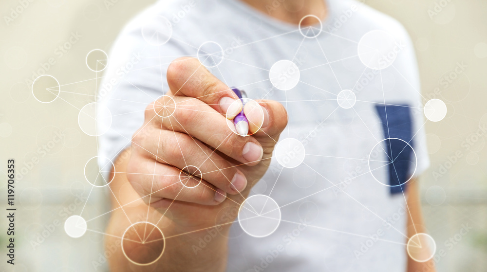 Businessman using digital data network with a pen 3D rendering