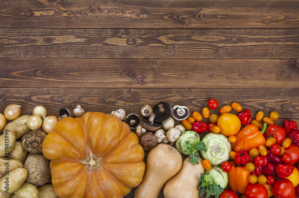 Harvest on wooden table background