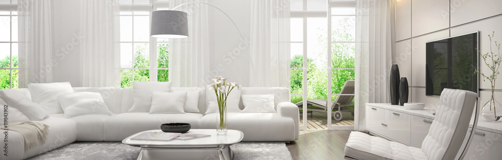 White living room with terrace