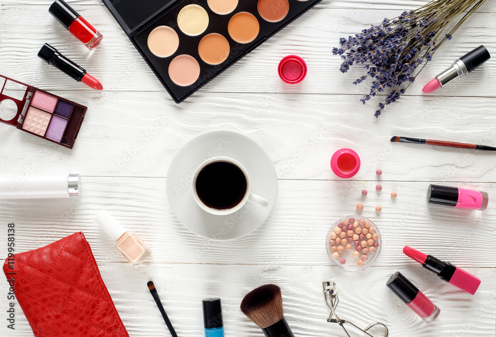 make up set on white table with lavender top view