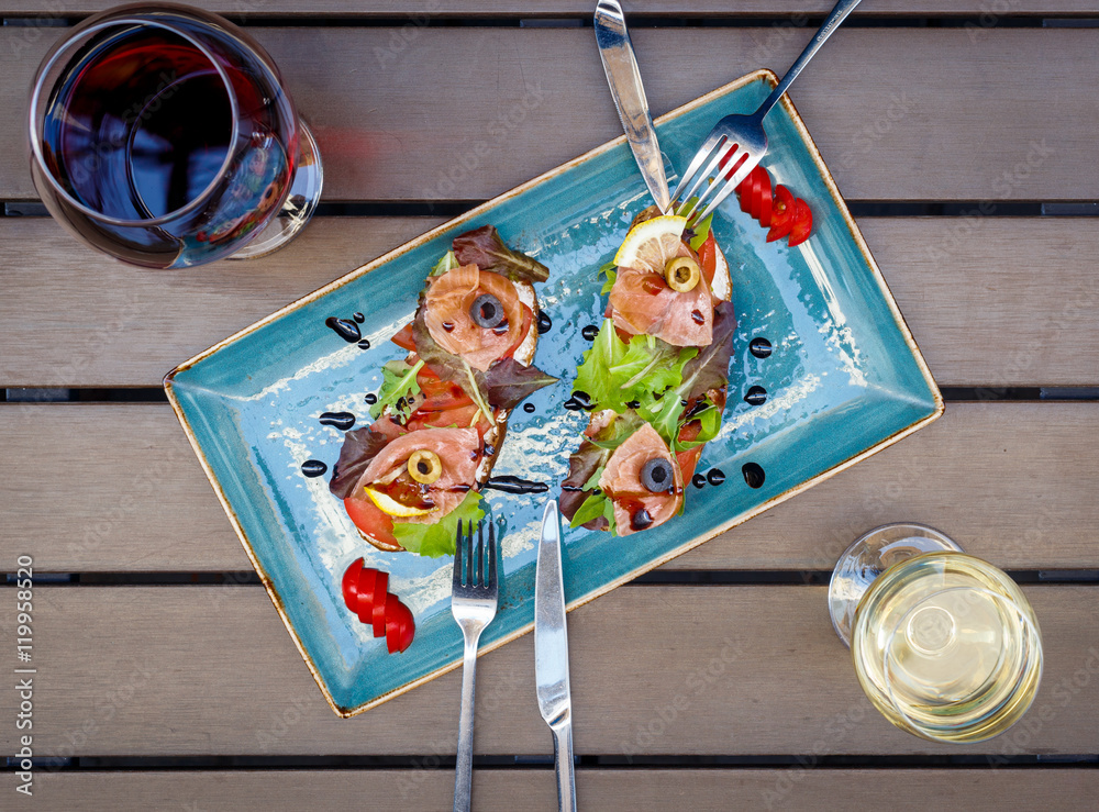 food in the restaurant and wooden table top view