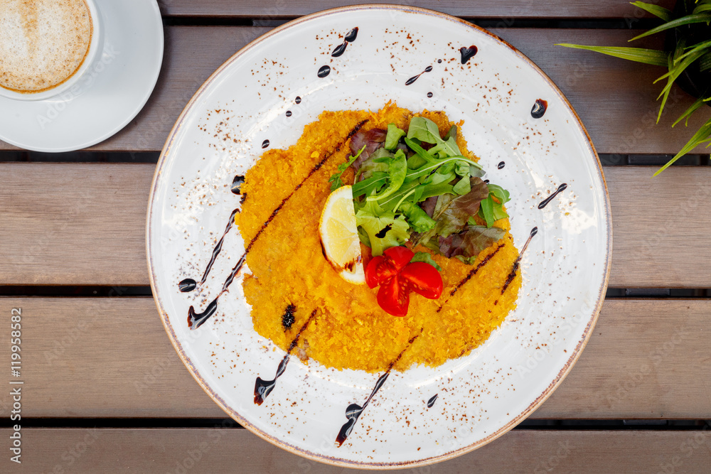 food in the restaurant and wooden table top view