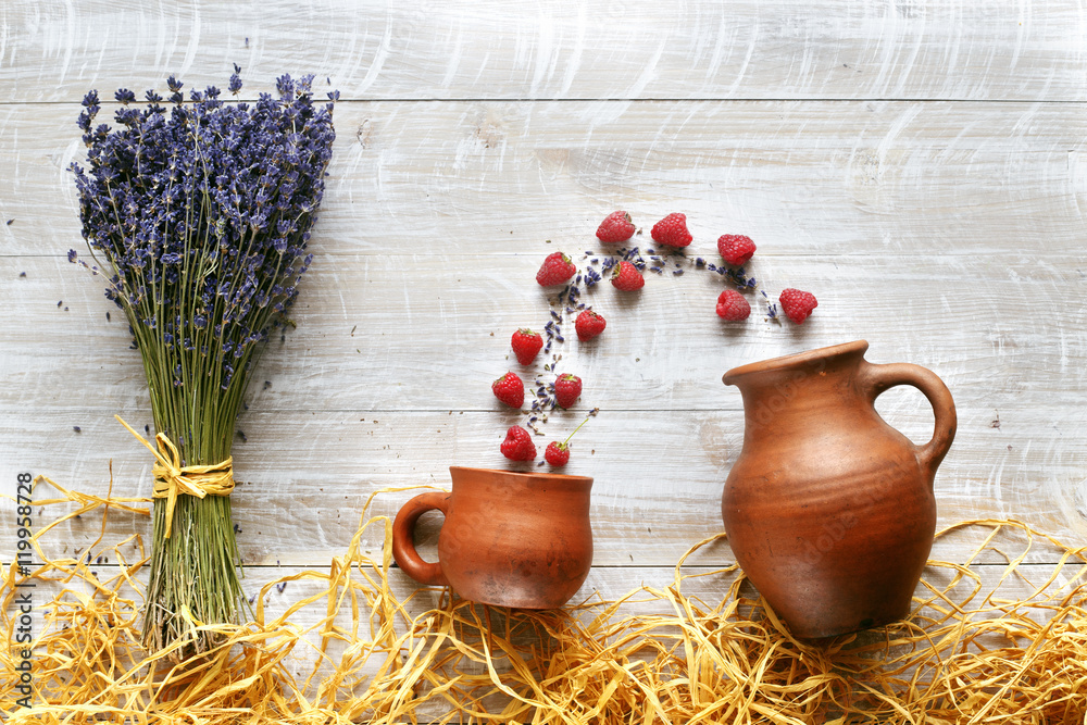 still life pottery and lavender - country style with berries