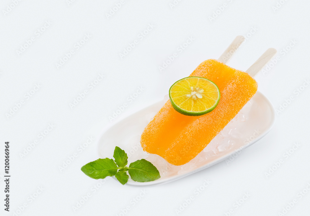 Tangerine orange popsicle with ice and citrus fruits on white background