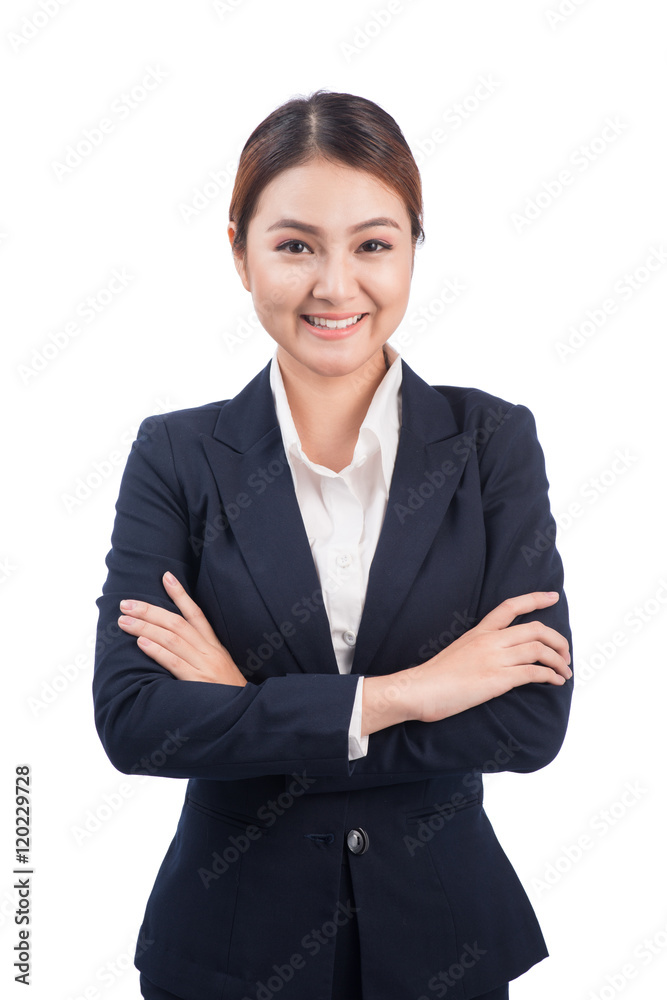 Business asian woman portrait. Crossed arms. Isolated on White.