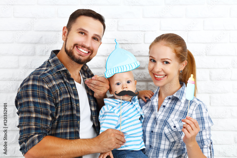 funny family mother father and baby with mustache