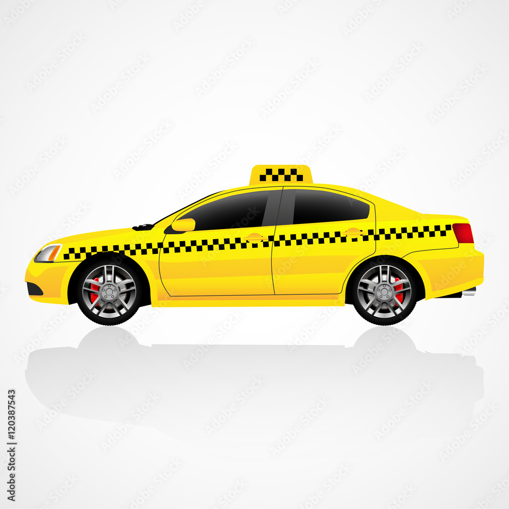 Taxi sedan isolated on white, side view, vector illustration