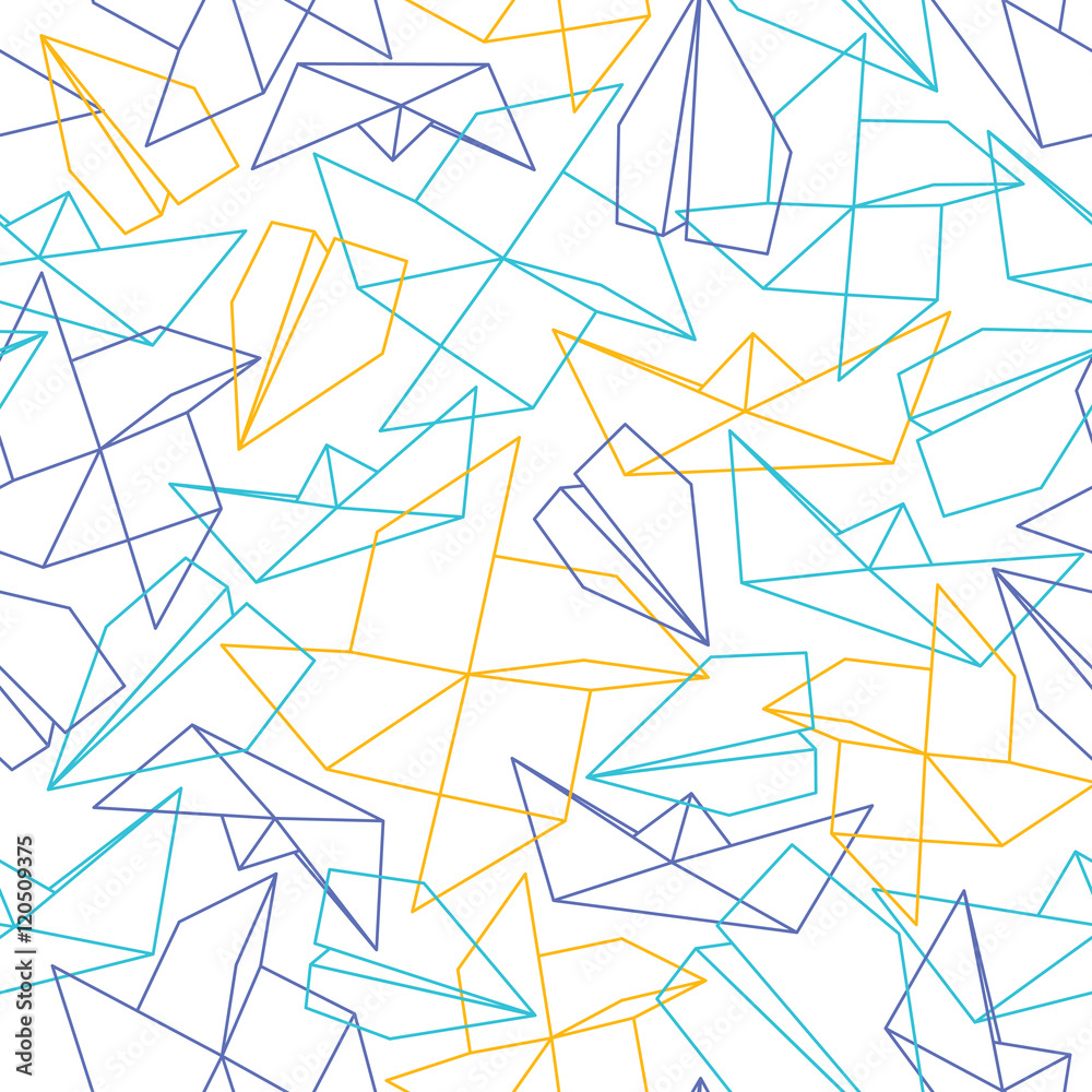 Line seamless pattern with origami paper forms. Vector background