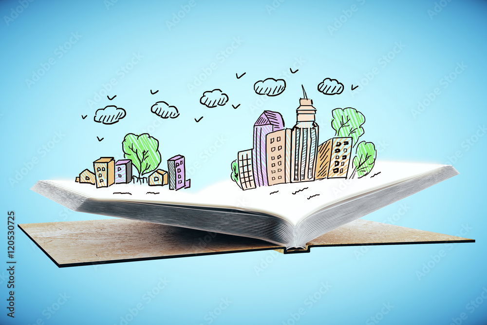 Open book with city drawing