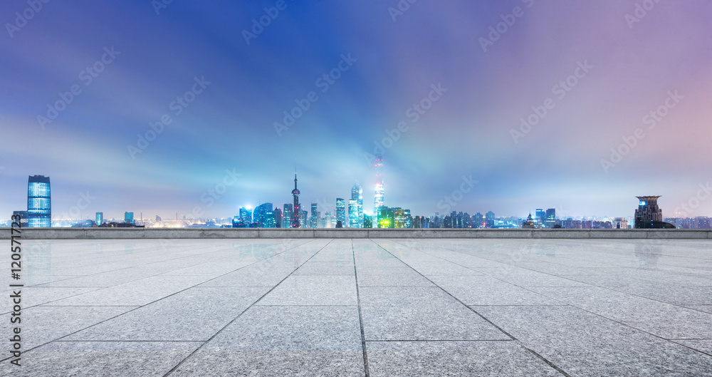 cityscape and skyline of shanghai from empty brick floor