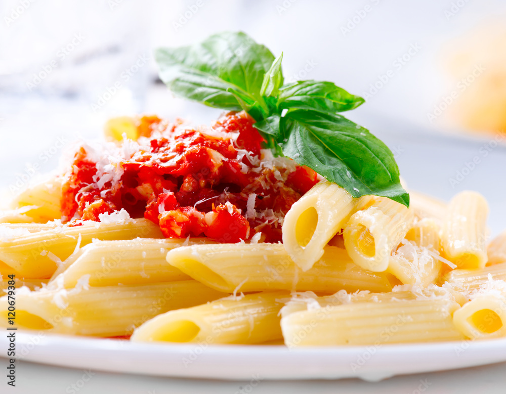 Pasta Penne with Bolognese sauce, Parmesan cheese and Basil