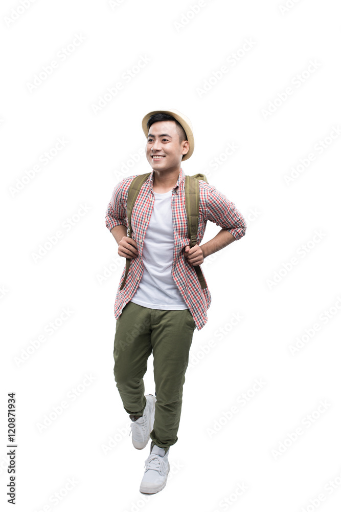 Full-length image of a going asian man ready to travel