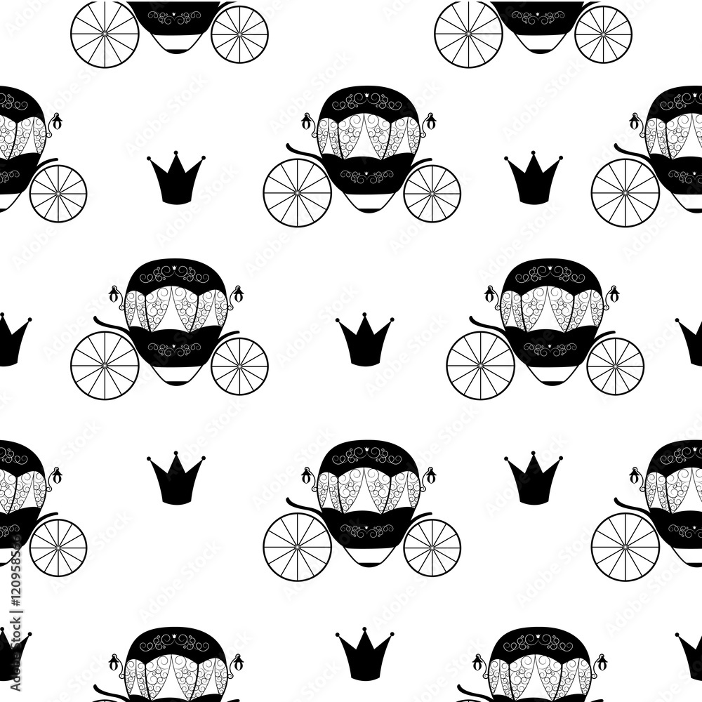 Princess Cinderella Fairytale Carriage. Seamless Pattern Backgro