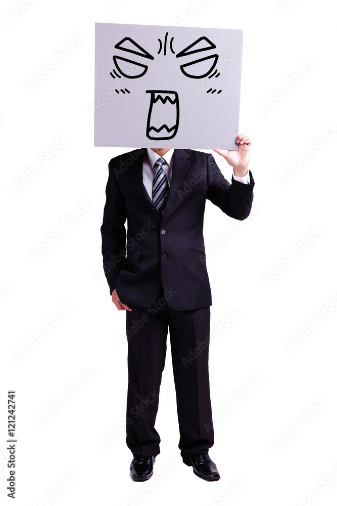 businessman holding angry expression billboard