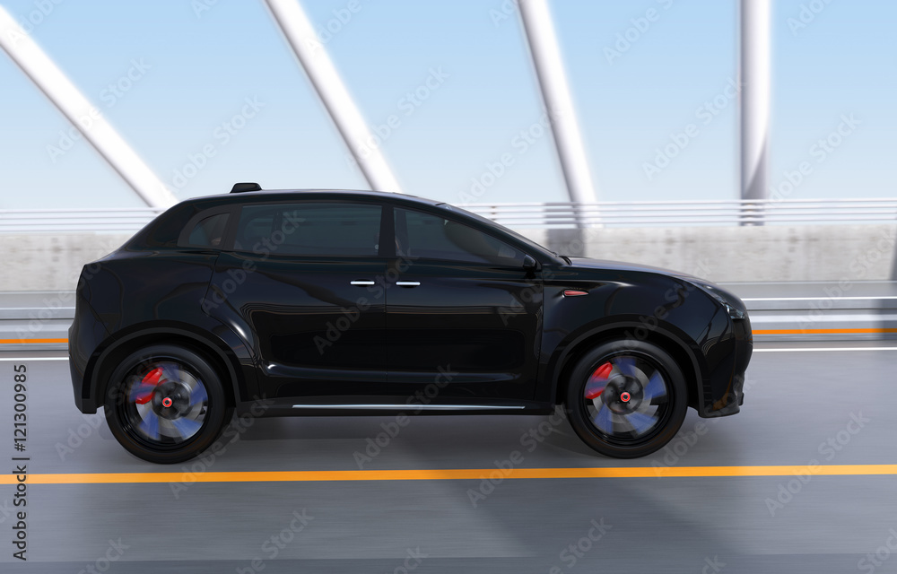 Black electric SUV driving on arc bridge. 3D rendering image.