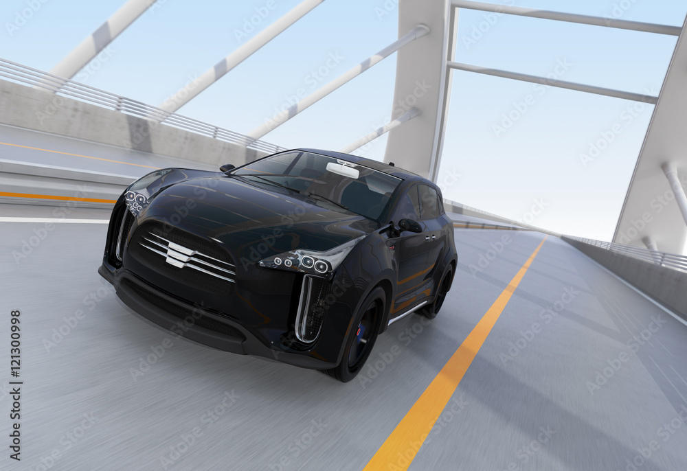 Black electric SUV driving on arc bridge. 3D rendering image.