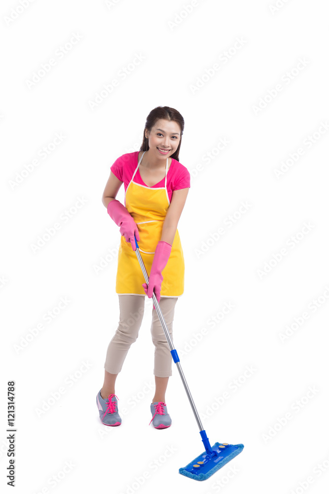 Portrait Of Young Asian housewife Cleaning Floor With Mop in ful