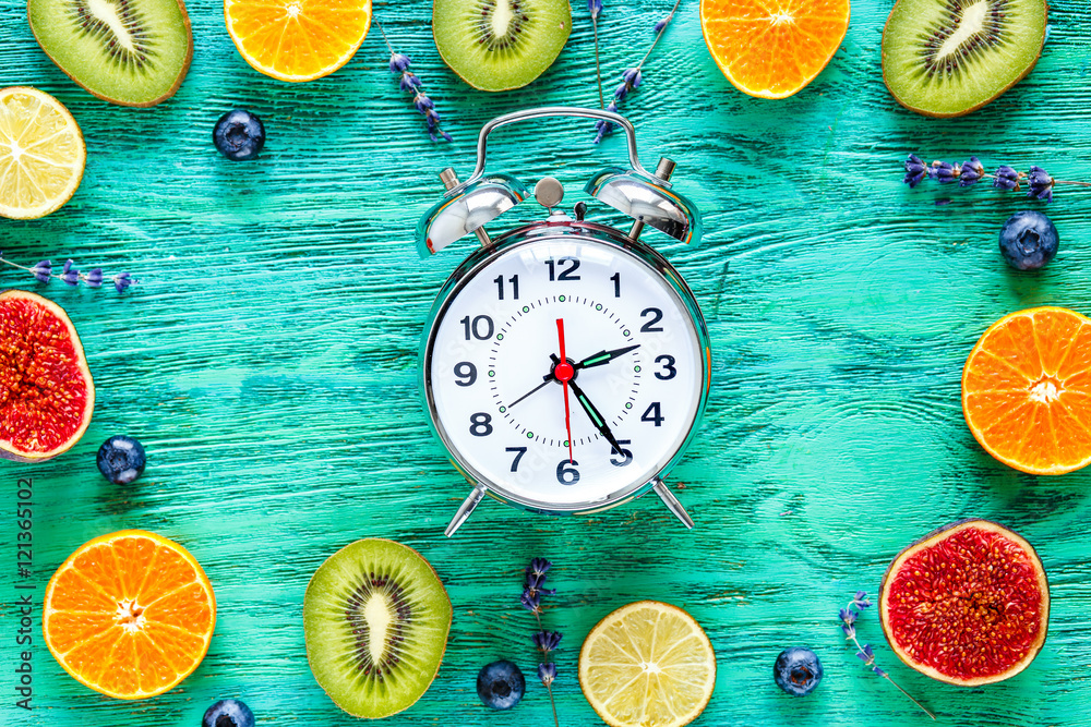 alarm clock - time to breakfast with fruits, mock-up