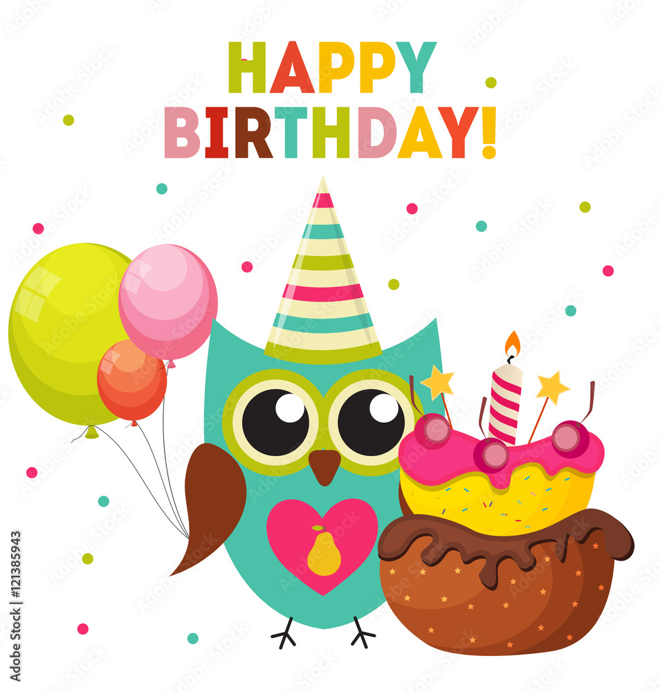 Cute Owl Happy Birthday Background with Balloons and Place for Y