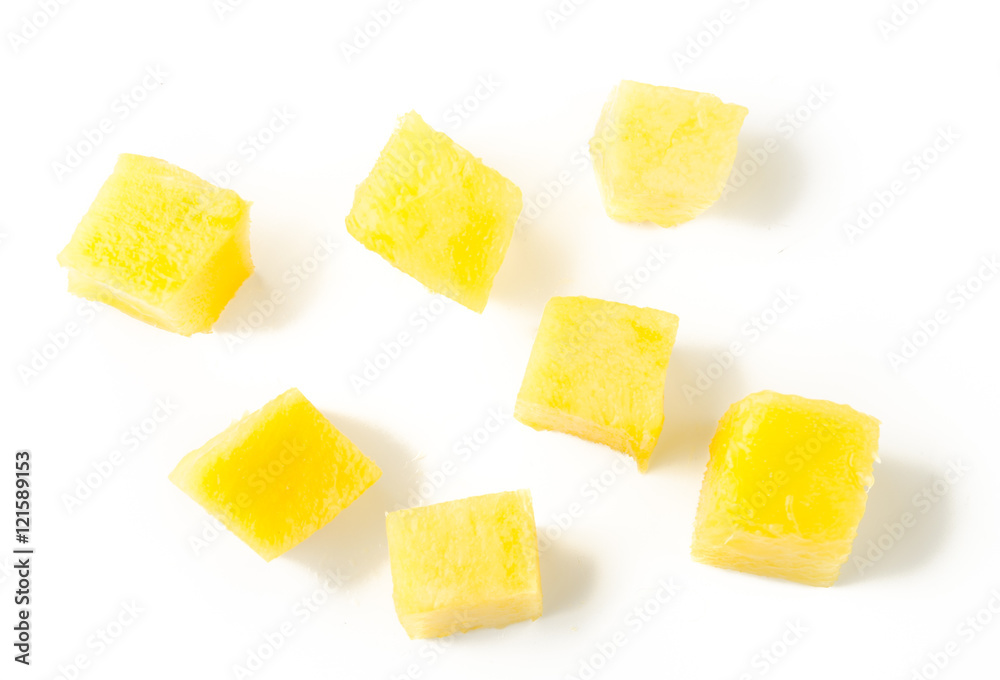 Mango slice cut to cubes isolated on white background