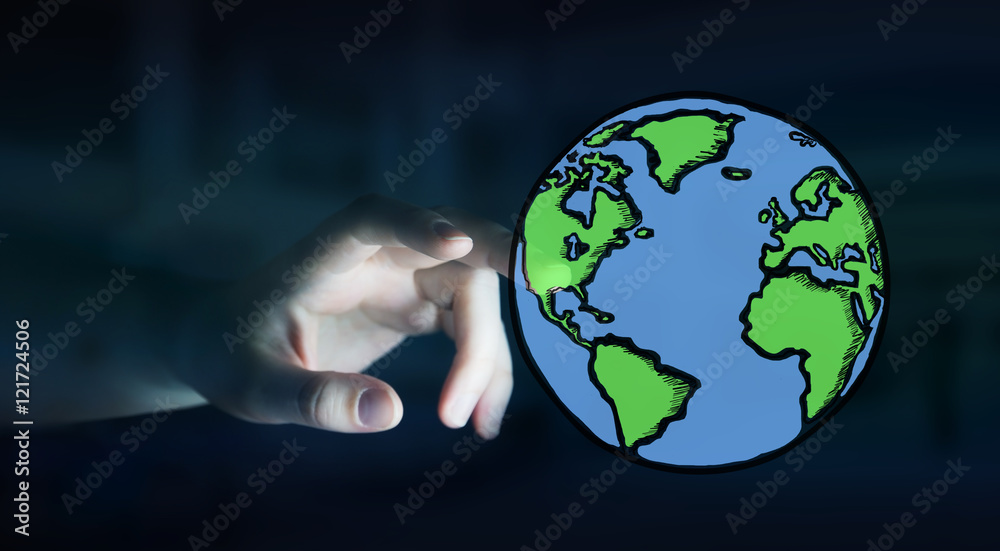 Businesswoman holding hand drawn planet earth