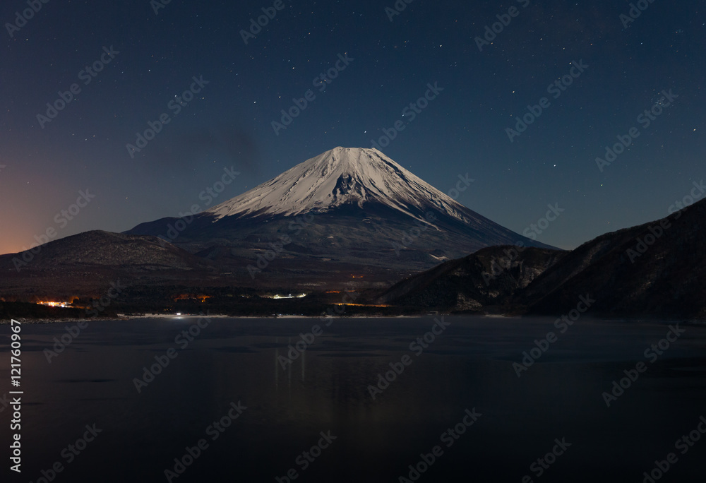 Mountain Fuji and Lake Motosu at night in winter