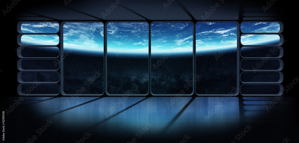 View of the planet earth from a huge spaceship window 3D renderi