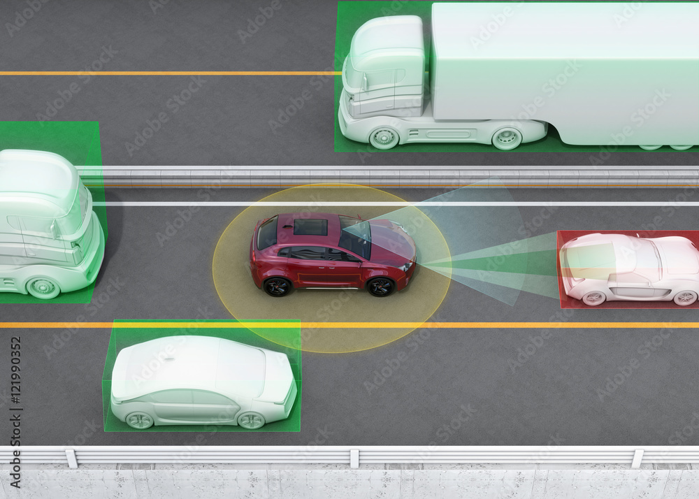 自动刹车、车道保持功能的概念图。3D渲染图像。