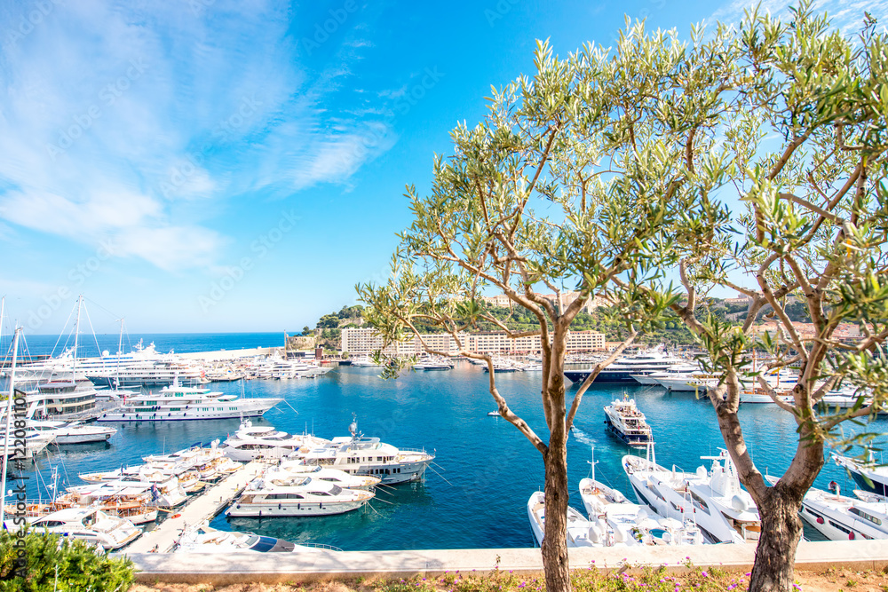 Landscape view on the bay with luxury yachts on the french riviera in Monte Carlo in Monaco. Image w