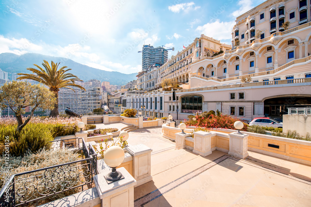 Beautiful modern residential buildings and hotels in Monte Carlo city in Monaco