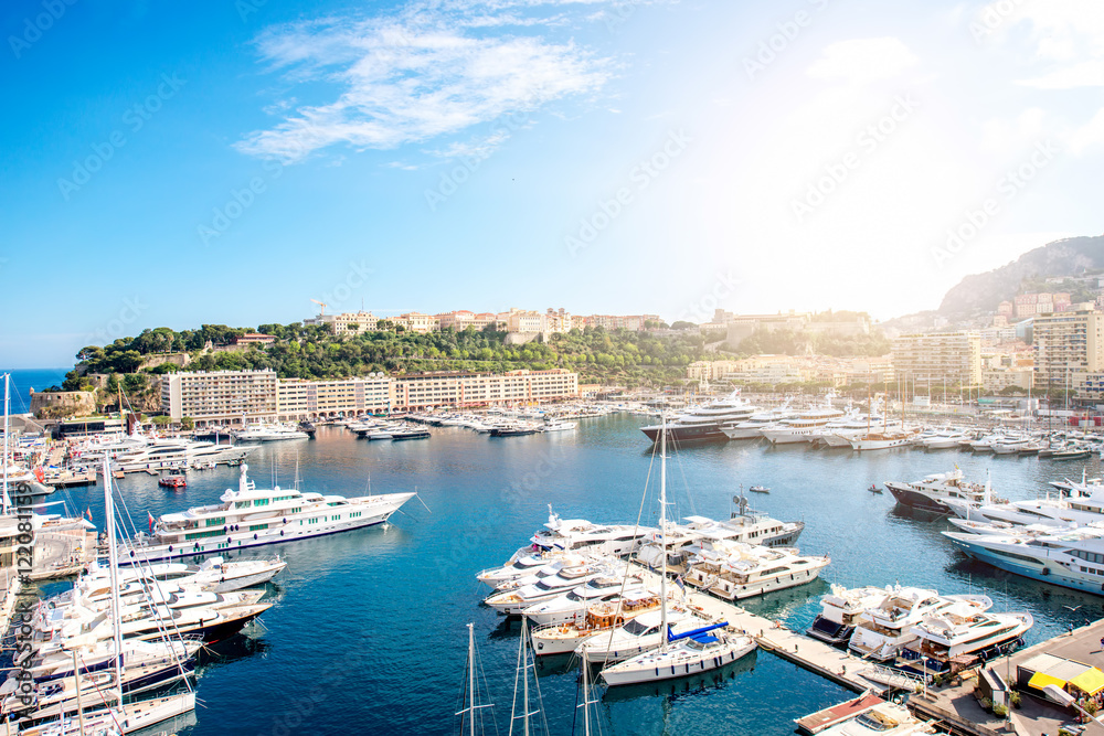 Landscape view on the bay with luxury yachts on the french riviera in Monte Carlo in Monaco