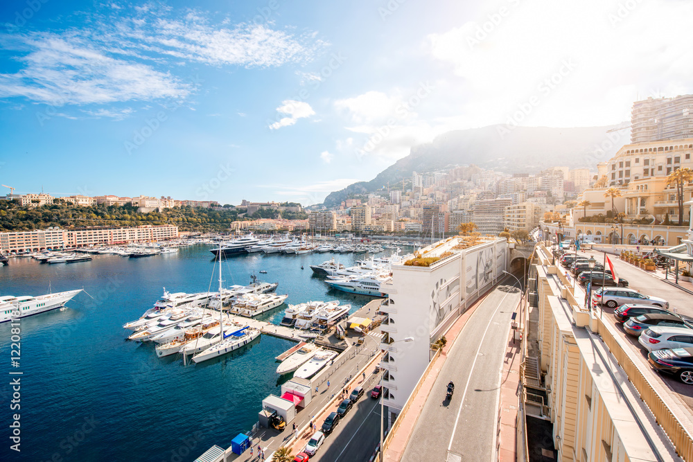 Landscape view on the bay with luxury yachts on the french riviera in Monte Carlo in Monaco