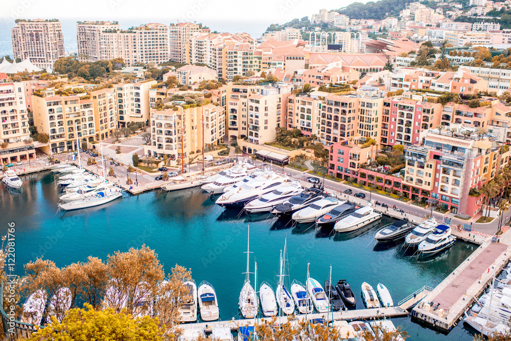 Landscape view on the bay with luxury yachts on the french riviera in Monte Carlo in Monaco