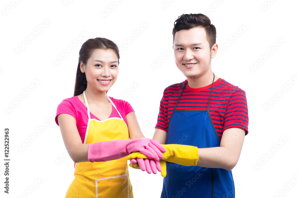 Domestic housekeeping service team. Home cleaning asian people.