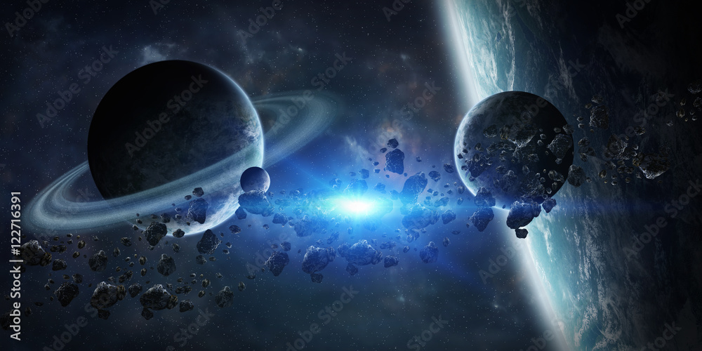 Sunrise over distant planet system in space 3D rendering element