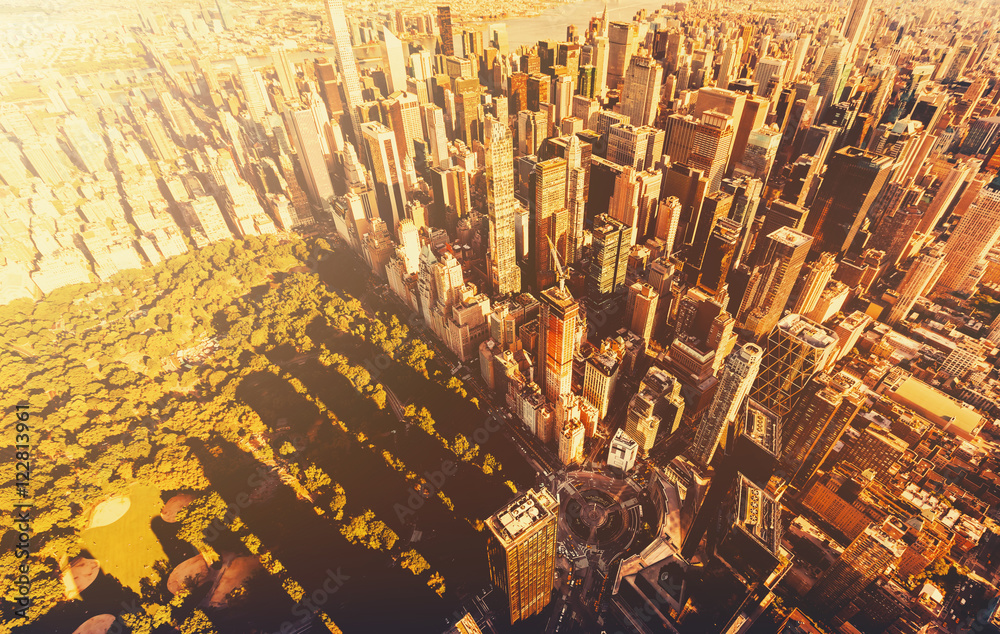 Aerial view of Columbus Circle and Central Park in NY City