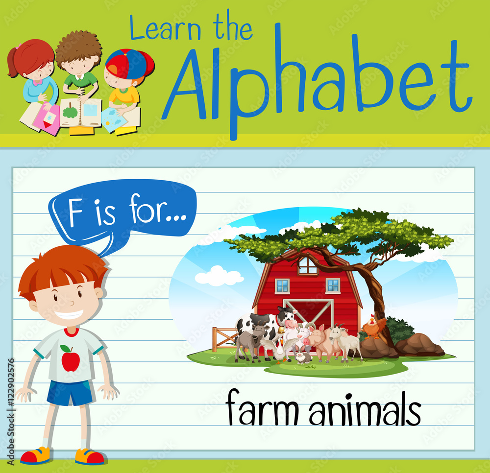 Flashcard letter F is for farm animals