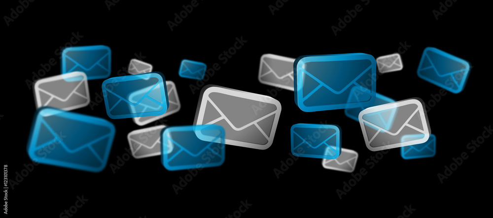 Numerous white and blue email icons flying 3D rendering’