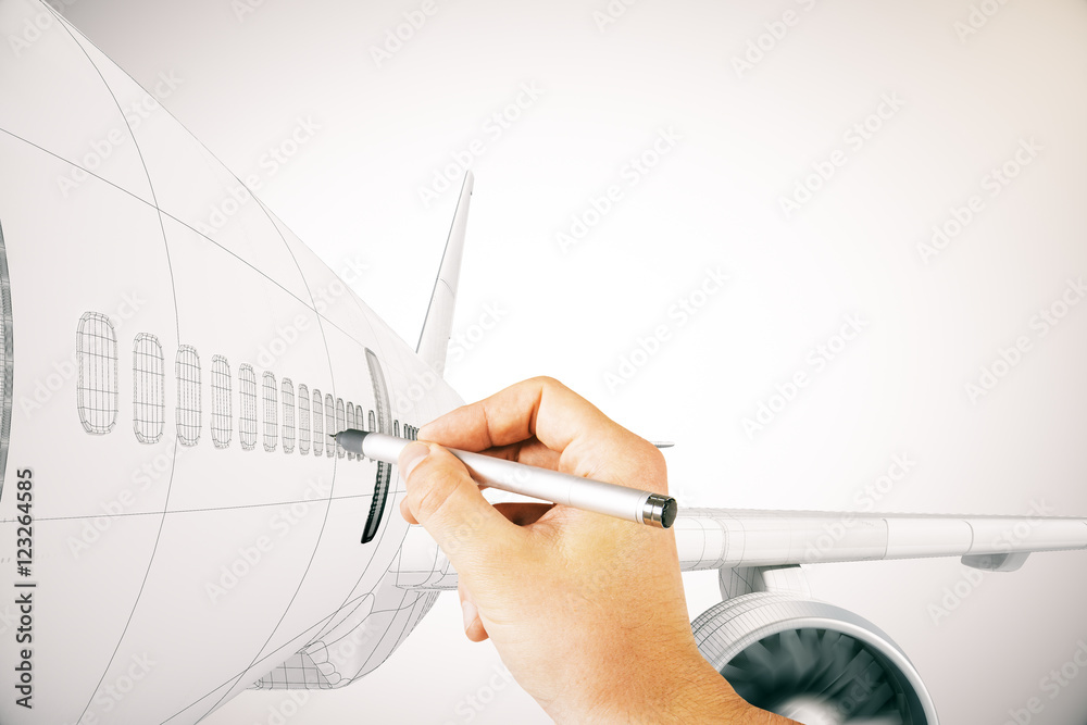 Hand drawing airplane on light background