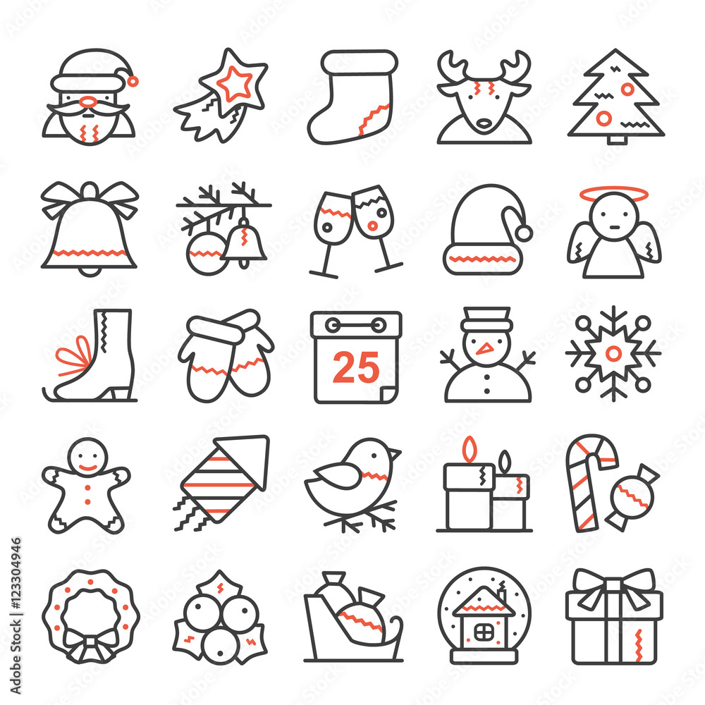 Vector set of thin line icons for Christmas and new year.