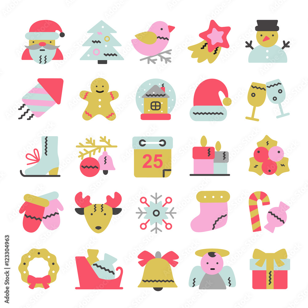 Vector set of flat icons for Christmas and new year.