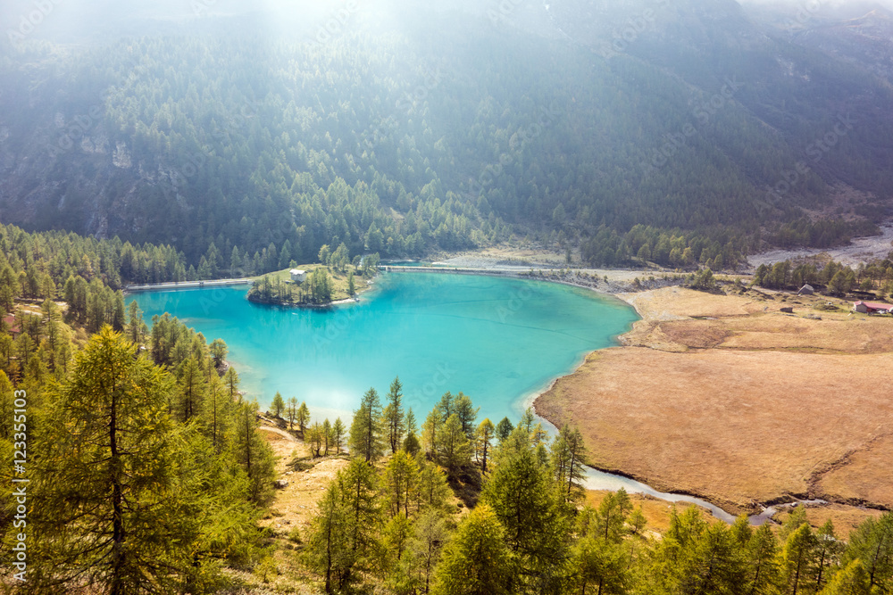 Lagh da Palü, Bergsee mit Insel, Poschiavo, Graubünden, Schweiz