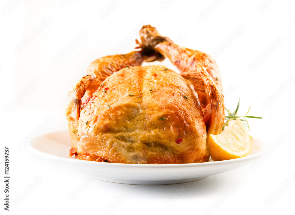 Chicken roasted with yellow sticker isolated on white background. Promotion, sale. Front view.